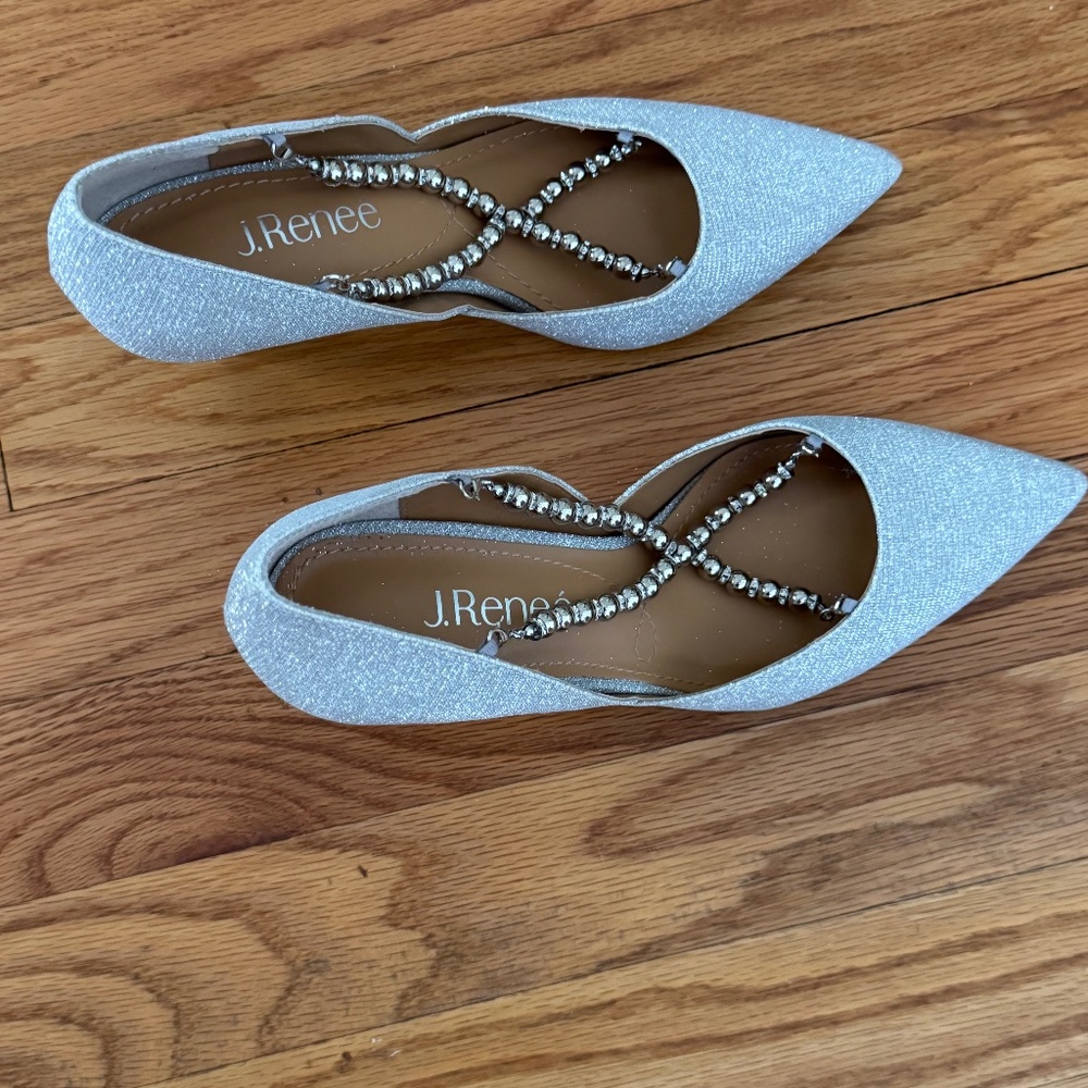 J. Renee silver shoes with detailed straps